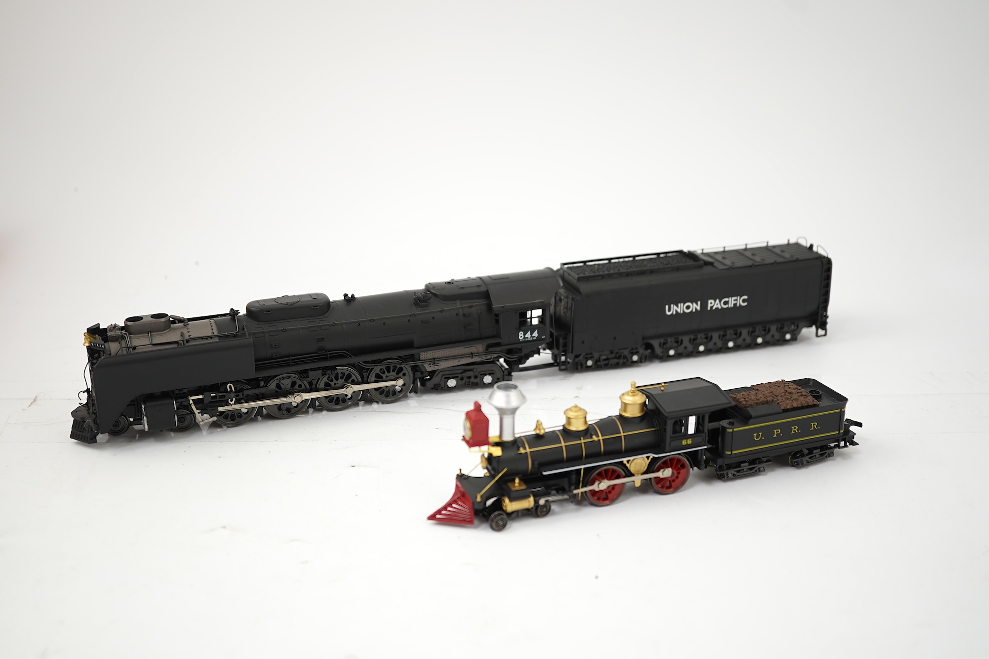Two boxed HO gauge Rivarossi Union Pacific models; (5429) 844, 4-8-4 FEF3 tender locomotive, together with (5423) 66, 4-4-0 American tender locomotive, both powered for two rail operation.